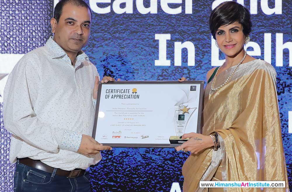 Indian Icon of the Year Awards 2023 for India's Best Fine Art & Craft Institute, Film Actress Mandira Bedi presented the Award of Excellence to Mr Mohit Manocha, Founder of Himanshu Art Institute received that award,  best painting institute in india, best fine art institute in india, best fine arts colleges in india, best fine arts Academy in india, best fine arts school in delhi, best art and craft colleges in india, best institute for fine arts in india, best craft classes near me, best colleges for fine arts, best drawing institute in india, best drawing classes in india, best drawing school in india, fine art schools in india, top fine art institute, himanshu art institute, west patel nagar, delhi, india
